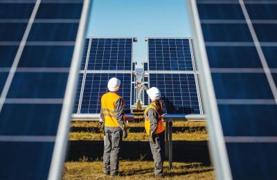 Two technicians examine solar panels