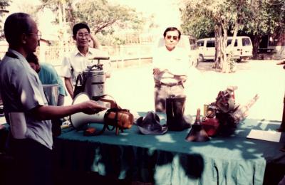 Training on the use of spray pumps at the Malaria Training Center in Thailand in 1991. Mr. Chheang is in the middle.