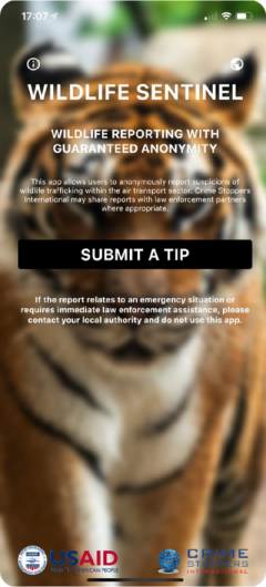 The home screen of the Wildlife Sentinel App, which is available to Apple and Android users.