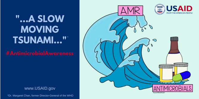 AMR - A slow moving tsunami - #Antimicrobial Awareness. Graphic of a tidal wave.