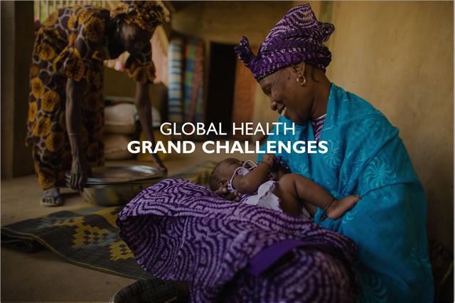 "Global Health Grand Challenges" - Photo of an African woman in traditional dress, holding an infant. 