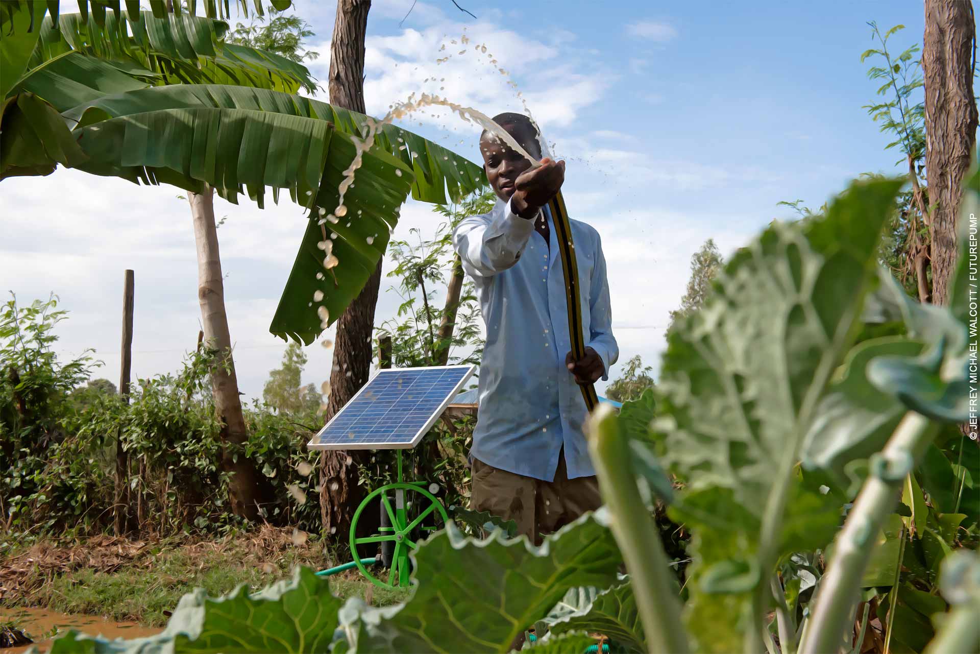 A Kenyan farmer uses a Futurepump solar-powered water pump to irrigate crops