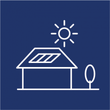 Blue and white icon of a house with solar power